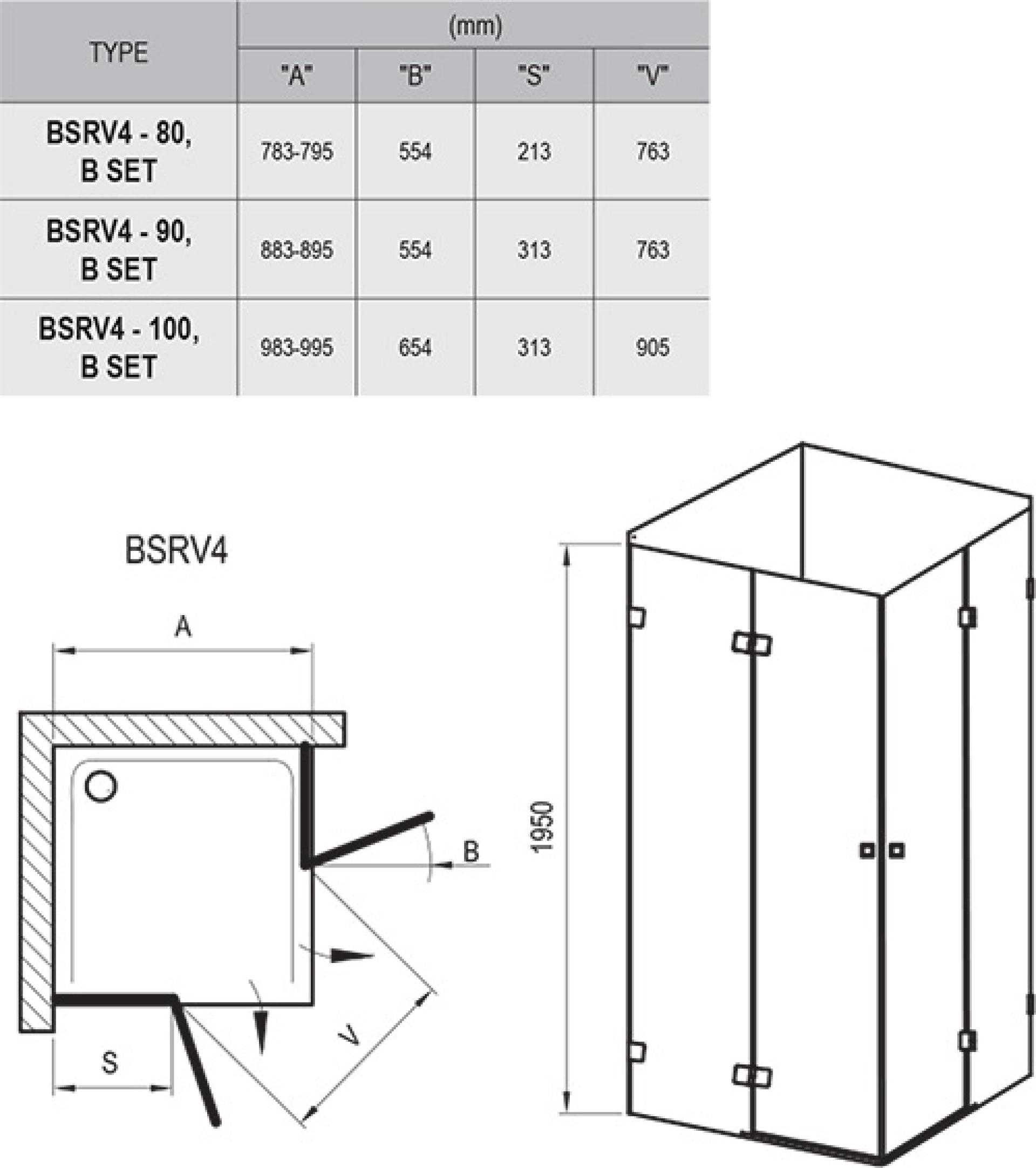 Душевой уголок Ravak Brilliant BSRV4-80 хром+транспарент 1UV44A00Z1 с креплением B SET D01000A073