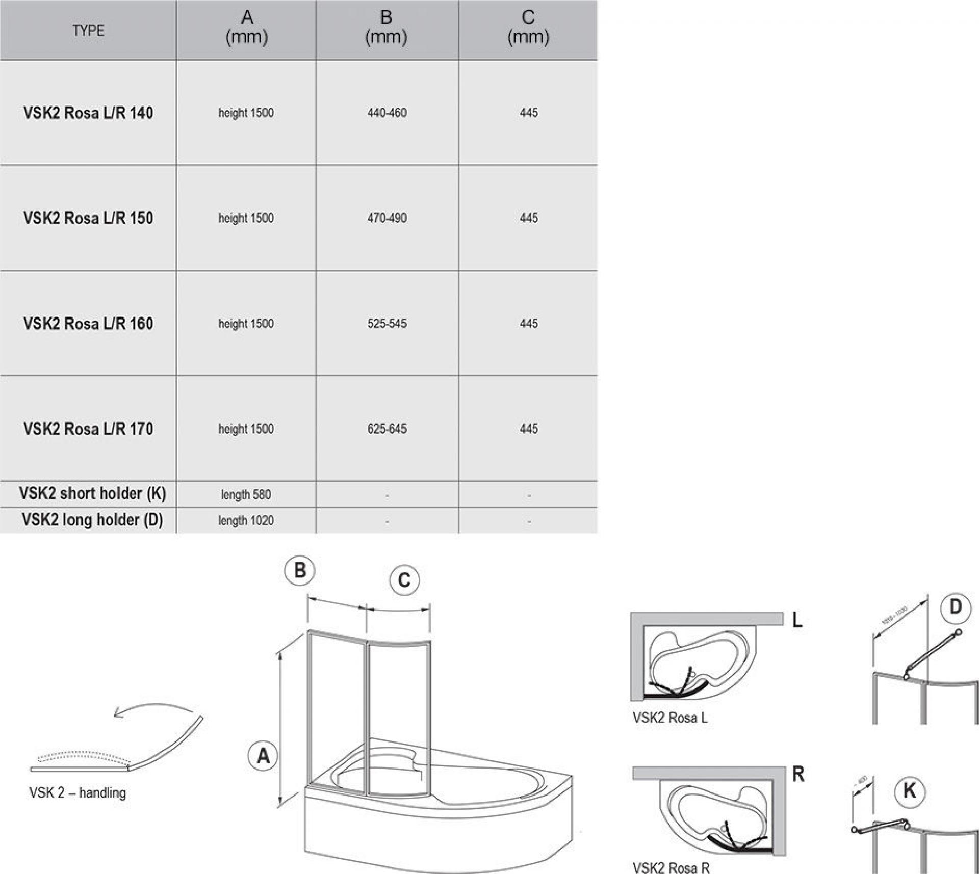 Шторка для ванны Ravak Chrome CVSK1 Rosa 160/170 7QLS0C00Y1 L блестящая+транспарент