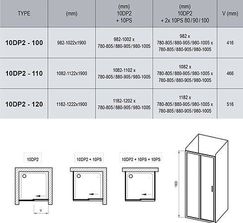 Душевой уголок Ravak 10° 10DP2-110+10PS-100 блестящий+транспарент